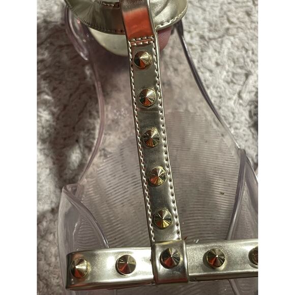 Stuart Weitzman Womens 6 EU36 Clear Aria Gold Bow Jelly Sandals Studded Strappy - Picture 6 of 12